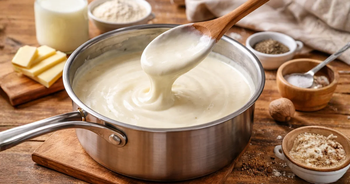 Molho branco fácil cremoso sendo preparado em panela com colher, receita caseira simples com leite, manteiga e farinha, textura lisa e sem empelotar ideal para massas e lasanhas
