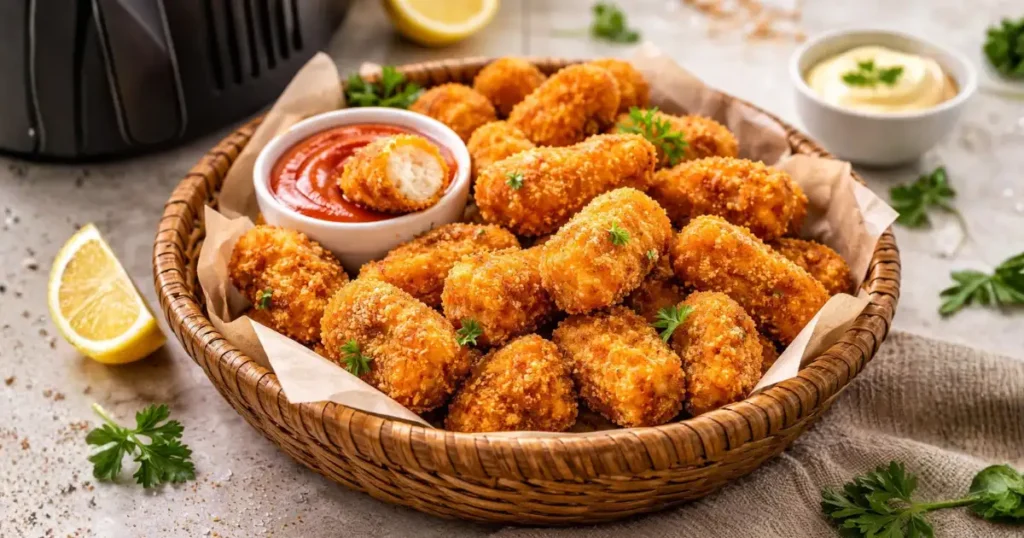 Nuggets caseiro na airfryer dourado e crocante servido em cesta com molho de tomate, destaque para a textura sequinha e apetitosa do frango empanado caseiro.