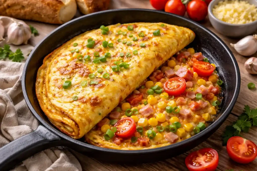Omelete reforçado e dourado recheado com queijo, tomate, milho e presunto na frigideira, opção de jantar barato e rápido com ingredientes simples e preparo fácil.