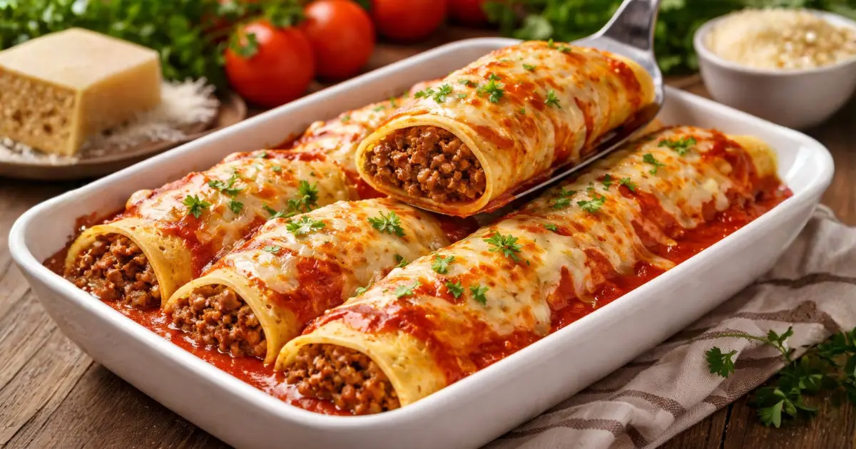 Panqueca de carne fácil gratinada com molho de tomate e queijo derretido, servida em travessa, com recheio de carne moída suculenta e massa leve caseira.