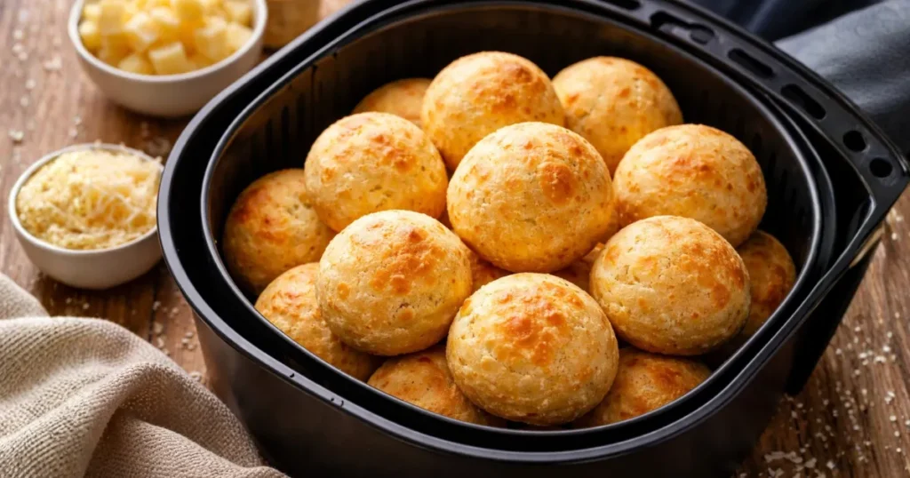 Pão de queijo na airfryer dourado e crocante por fora, servido ainda quente no cesto da fritadeira elétrica, em imagem de destaque para receita fácil e prática.