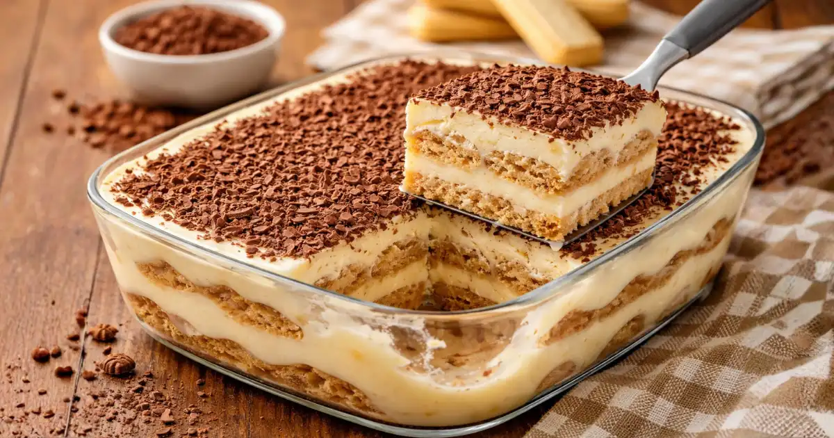 Pavê fácil e rápido servido em travessa de vidro, com camadas cremosas de creme branco, biscoito maisena e cobertura de chocolate ralado, ideal para sobremesa gelada fácil e caseira.