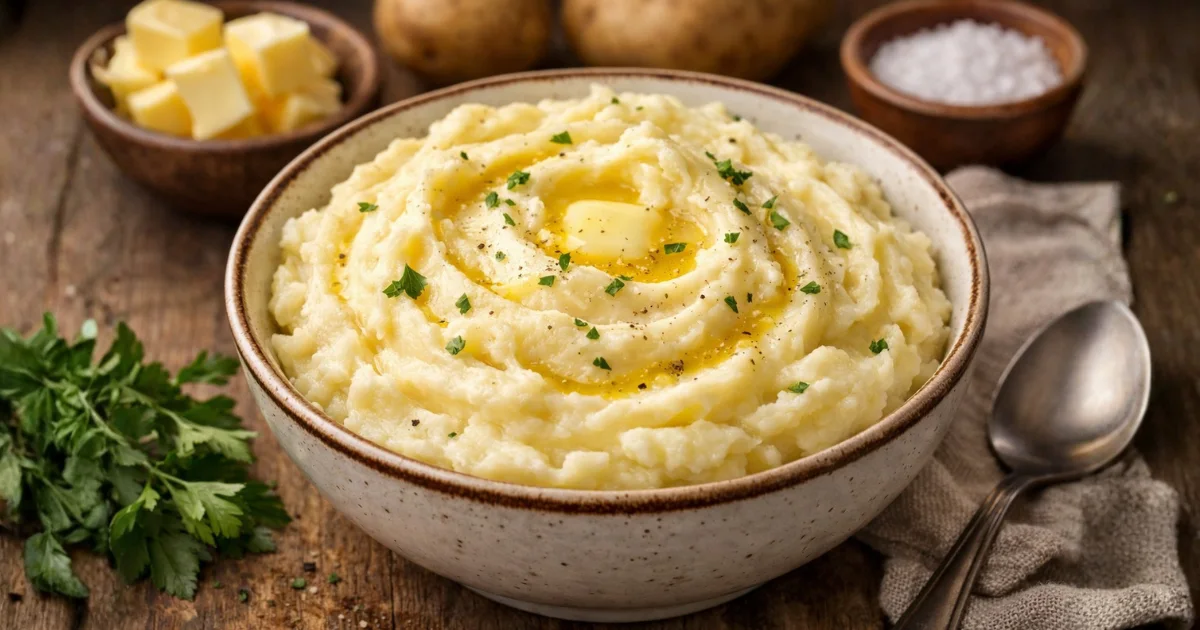 Purê de batata cremoso em tigela rústica com manteiga derretida por cima, textura lisa e aveludada, acompanhado de ingredientes caseiros ao fundo, ideal para receitas simples e almoço do dia a dia