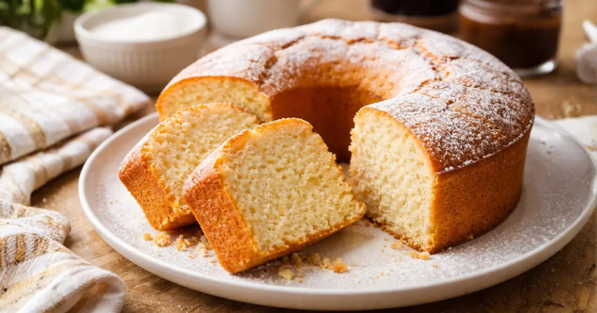Bolo simples caseiro de farinha com açúcar, fofinho e dourado, servido em fatias sobre prato branco, ideal como receita barata para café da tarde econômico e fácil