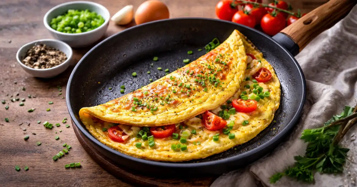 Omelete simples de frigideira dourada e recheada com queijo, tomate e cheiro-verde, servida em panela antiaderente sobre mesa rústica, ideal para ilustrar receita com ovo simples, rápida e fácil.