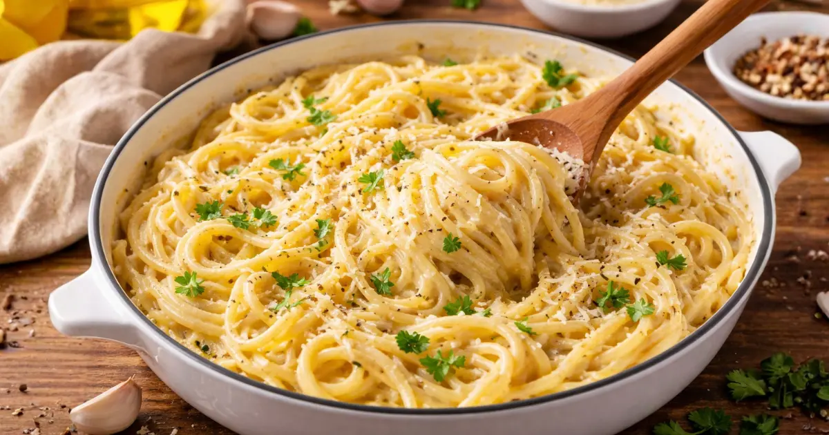 Macarrão cremoso de alho e queijo servido em frigideira branca, com molho encorpado, queijo ralado e ervas frescas por cima