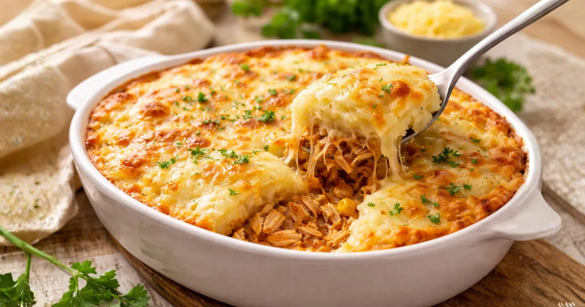 Escondidinho cremoso de frango com batata gratinado, feito com sobras de frango desfiado, com queijo derretido e textura dourada servido em travessa branca rústica