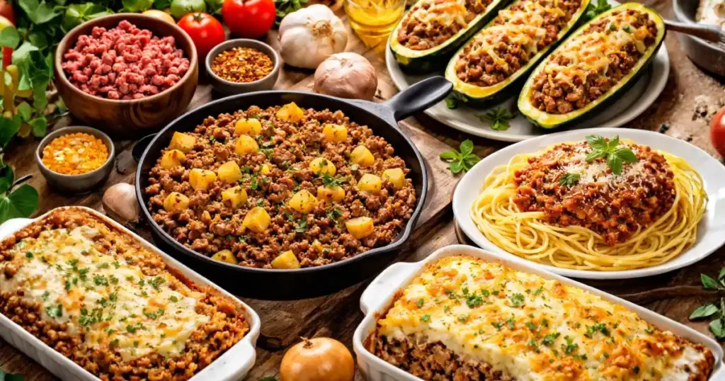 Receita econômica com carne moída em destaque, com frigideira de carne moída com batata, macarrão ao molho bolonhesa, abobrinha recheada e escondidinho em mesa rústica