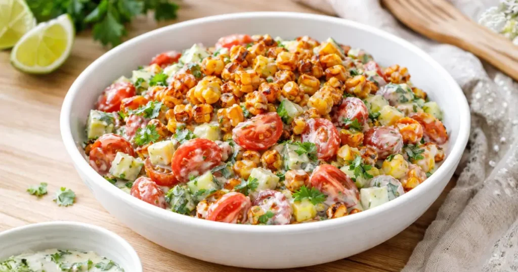 salada crocante de milho com milho dourado tostado, tomate cereja, pepino, ervas frescas e molho cremoso em tigela branca sobre mesa de madeira