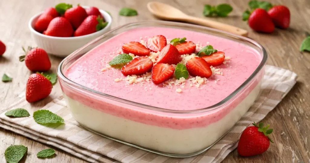 Sobremesa gelada simples de creme com leite condensado e gelatina de morango, cremosa e em camadas, servida em travessa com pedaços de morango fresco por cima.