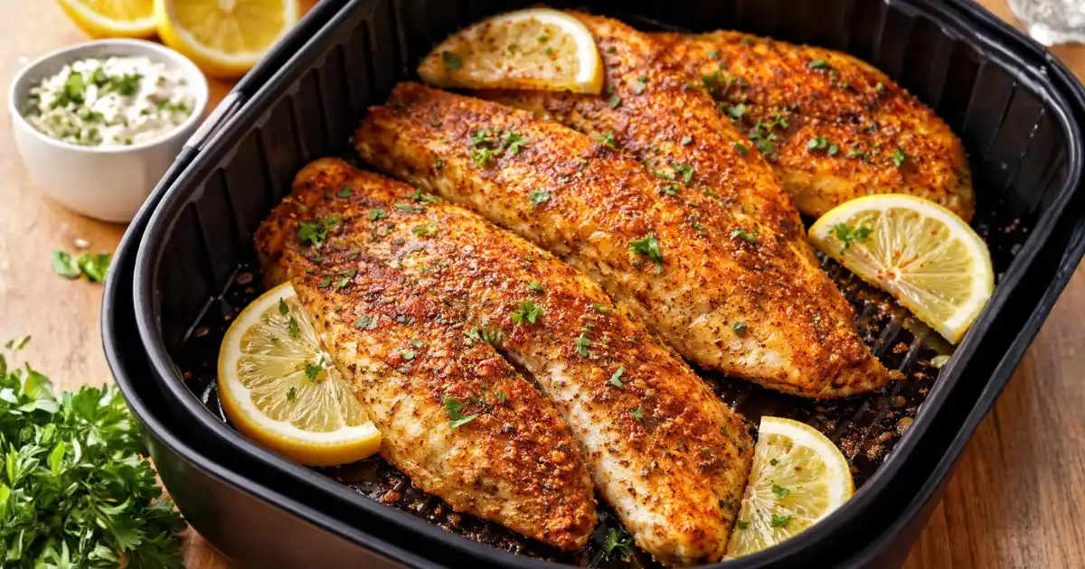 Tilápia na airfryer douradinha e suculenta, temperada com alho, páprica e ervas, servida com rodelas de limão em close, ideal para receita prática de peixe na airfryer.