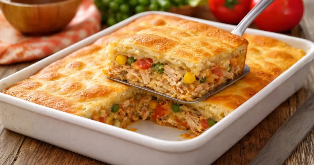 Torta salgada barata de liquidificador com recheio de frango, milho e legumes, com massa dourada e fofinha recém-assada, servida em travessa, ideal para almoço fácil e econômico