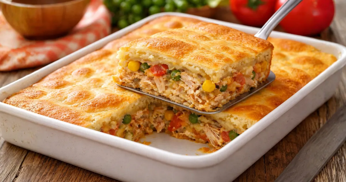Torta salgada barata de liquidificador com recheio de frango, milho e legumes, com massa dourada e fofinha recém-assada, servida em travessa, ideal para almoço fácil e econômico