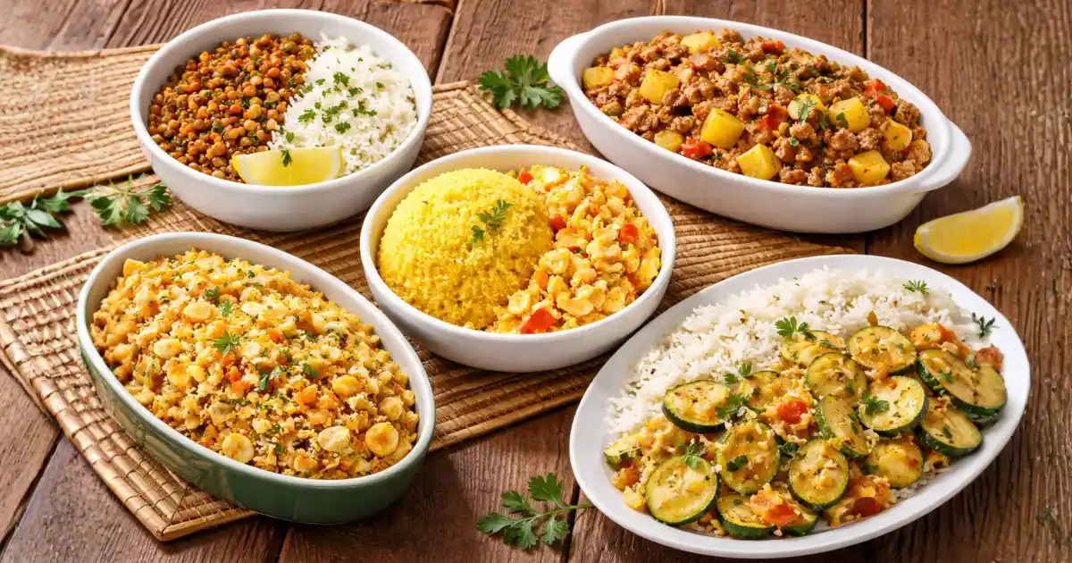 Cinco opções de almoço barato para a semana servidas sobre mesa rústica: lentilha com arroz, carne moída com batata, cuscuz nordestino com ovos, farofa com legumes e abobrinha refogada com arroz.