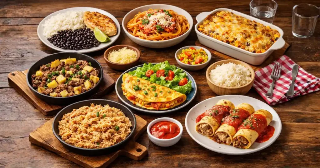 Mesa com várias opções de almoço simples e rápido para a semana, incluindo arroz com feijão e frango grelhado, macarrão com molho de tomate, carne moída com batata, omelete com legumes, arroz de forno, frango desfiado cremoso e panqueca salgada.