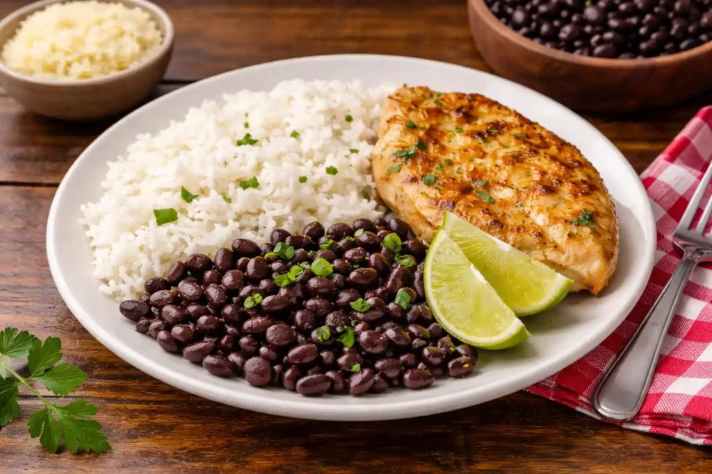 Prato com arroz branco, feijão preto e frango grelhado servido em mesa rústica, exemplo de almoço simples e rápido para a semana, comida caseira brasileira fácil e nutritiva.