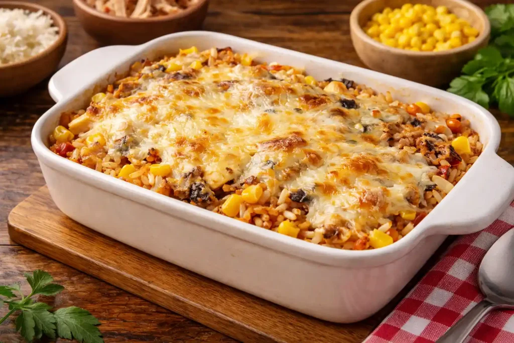 Arroz de forno prático gratinado com queijo, milho e frango desfiado em refratário, exemplo de almoço simples e rápido para a semana, receita caseira fácil feita com sobras da geladeira.