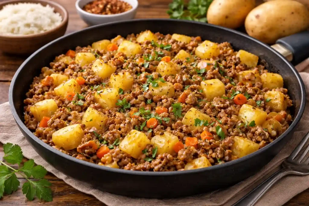Carne moída refogada com batata e cenoura em frigideira, prato caseiro típico de almoço simples e rápido para a semana, receita fácil e econômica para o dia a dia.