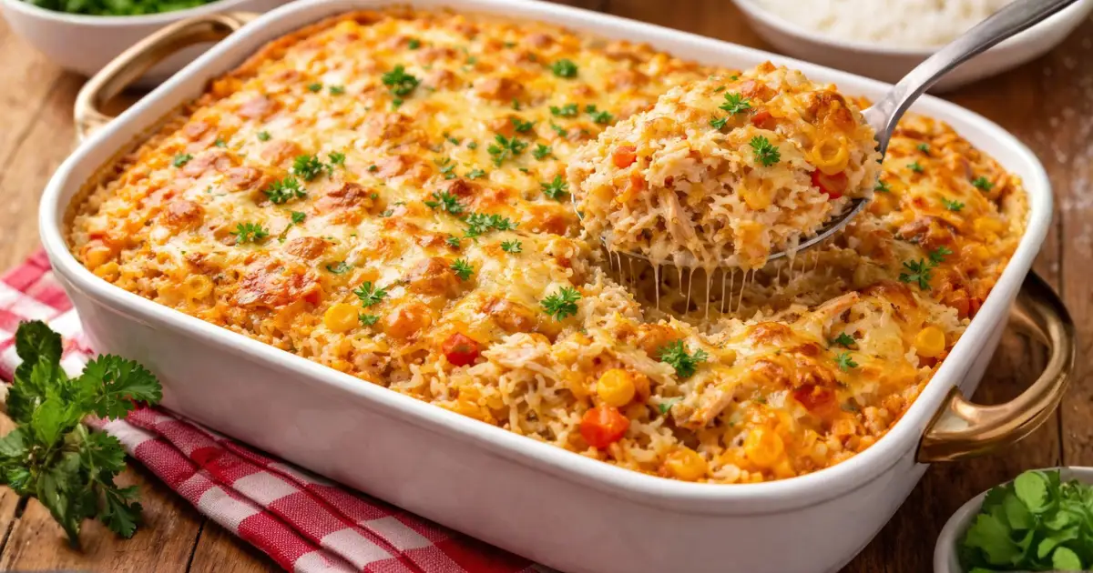 Arroz de forno cremoso com frango desfiado gratinado, receita econômica para família grande, prato caseiro simples, barato e fácil de preparar