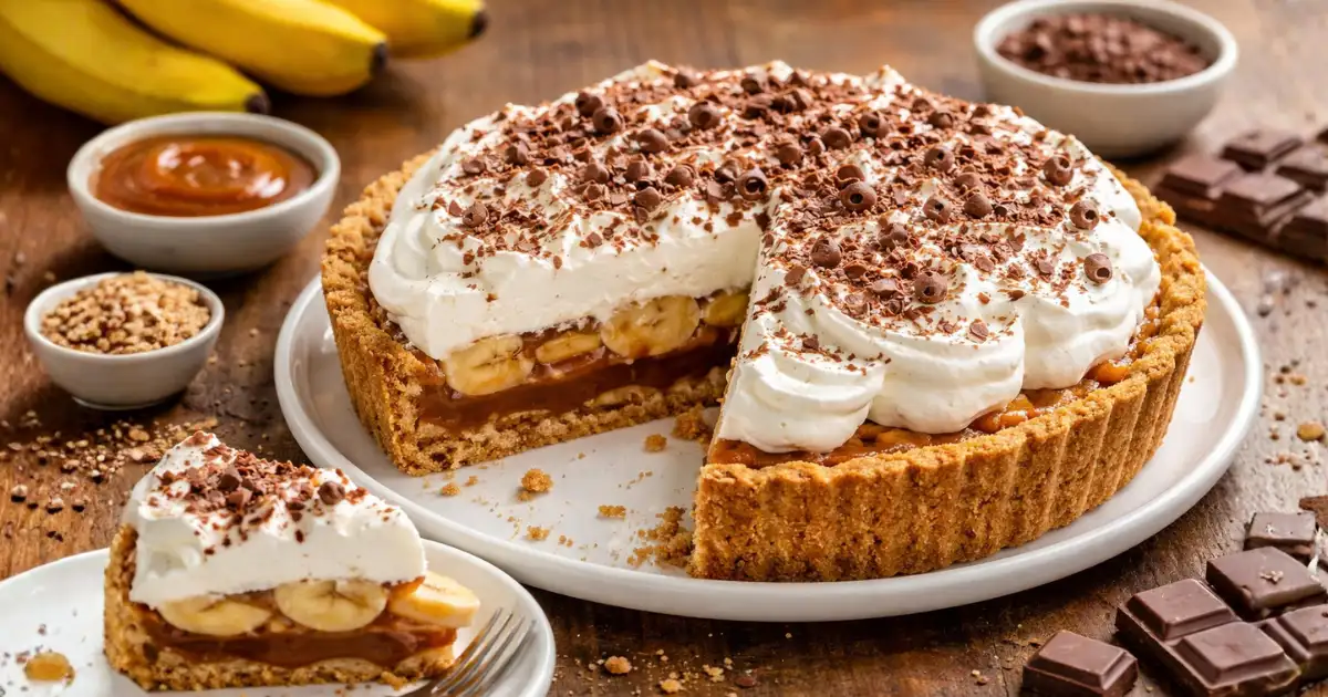 Banoffee receita simples com base crocante de biscoito, camadas de banana e doce de leite cremoso, finalizada com chantilly e raspas de chocolate sobre mesa rústica.
