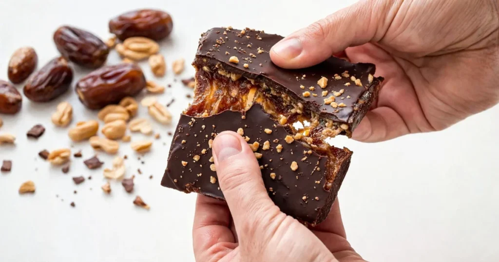 Barra de chocolate de Páscoa com tâmara e amendoim sendo partida ao meio, revelando recheio cremoso e pedaços crocantes de amendoim, em fundo claro e iluminação natural.