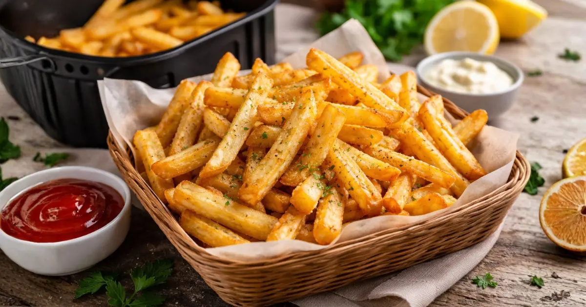 batata frita na airfryer crocante dourada servida em cesta com molhos ao lado e airfryer ao fundo em mesa de madeira rústica