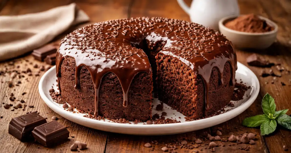 Bolo de chocolate fácil caseiro, fofinho e úmido com cobertura cremosa de chocolate escorrendo, servido em prato sobre mesa rústica.