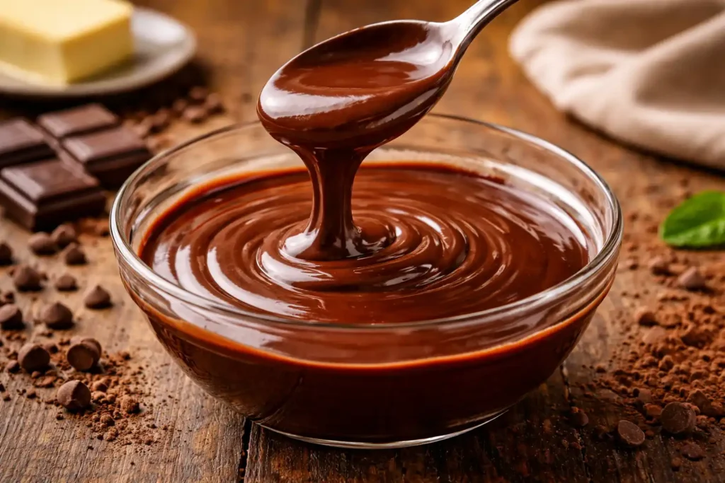 Cobertura cremosa de chocolate sendo despejada de uma colher para um bowl de vidro, ideal para bolo de chocolate fácil caseiro.