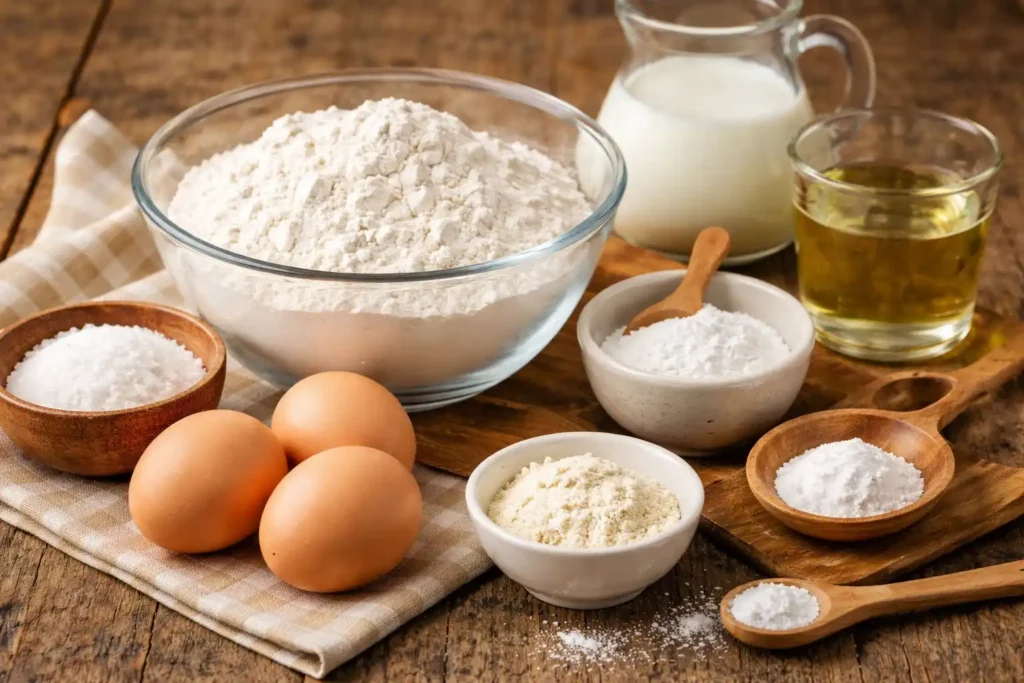 Ingredientes para bolo simples fofinho organizados sobre mesa rústica: farinha de trigo, ovos, açúcar, leite, óleo e fermento usados no preparo de bolo caseiro macio.