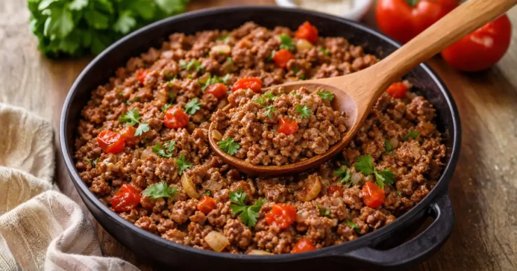 Carne moída simples e suculenta refogada na panela com tomate, cebola e cheiro-verde, servida com colher de madeira em preparo caseiro na cozinha.