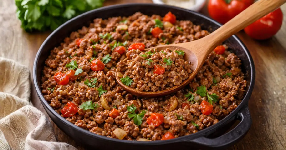 Carne moída simples e suculenta refogada na panela com tomate, cebola e cheiro-verde, servida com colher de madeira em preparo caseiro na cozinha.