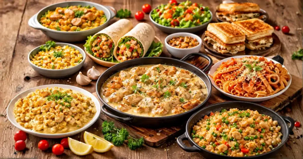 Mesa com várias opções de jantar fácil com frango em 30 minutos, incluindo frango cremoso na frigideira, wrap de frango, macarrão com frango, arroz com frango e legumes, sanduíche quente de frango e salada com frango grelhado.