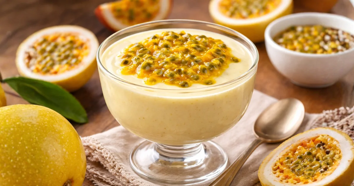 Mousse de maracujá fácil e cremoso servido em taça de vidro, decorado com polpa de maracujá natural sobre mesa de madeira, sobremesa simples e refrescante.