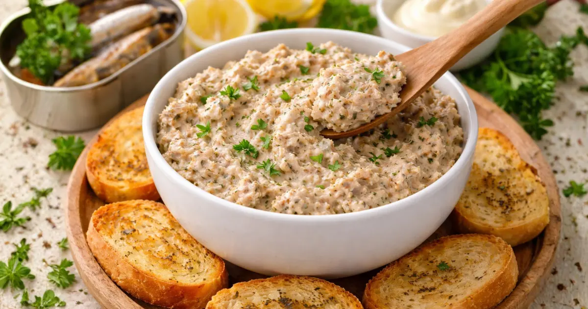 Patê de sardinha simples cremoso servido em tigela branca com torradas douradas ao redor, acompanhado de limão e ervas frescas, ideal para lanche rápido e econômico