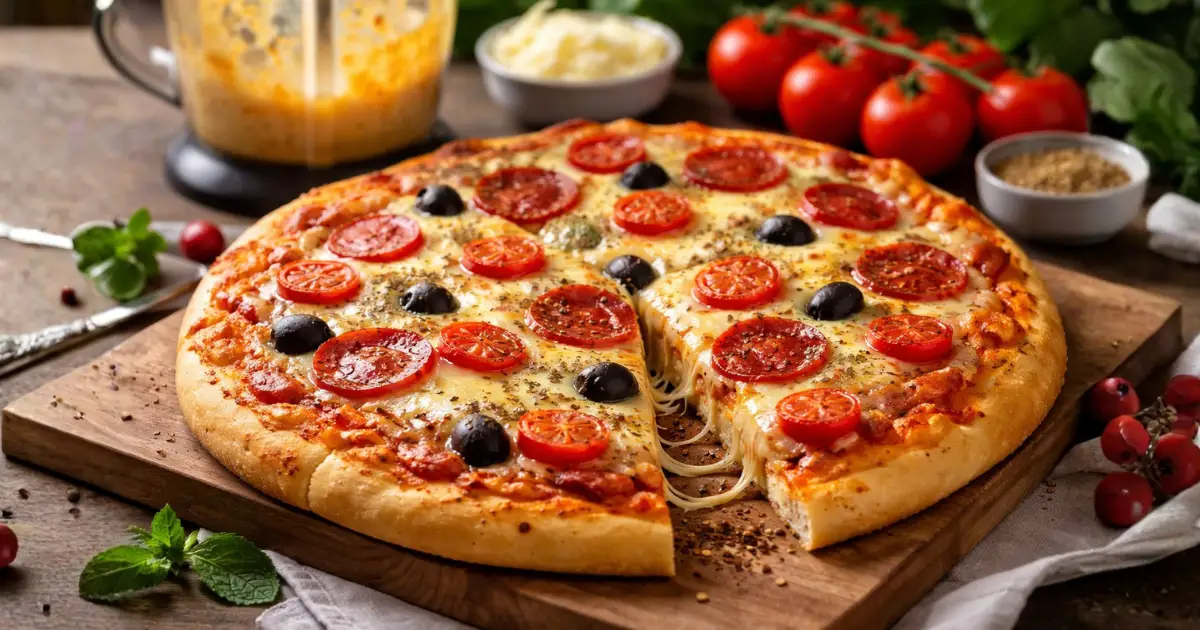 Pizza de liquidificador rápida com massa dourada e macia, coberta com queijo derretido, tomate, azeitonas e calabresa, recém-saída do forno em uma tábua de madeira, com liquidificador ao fundo.