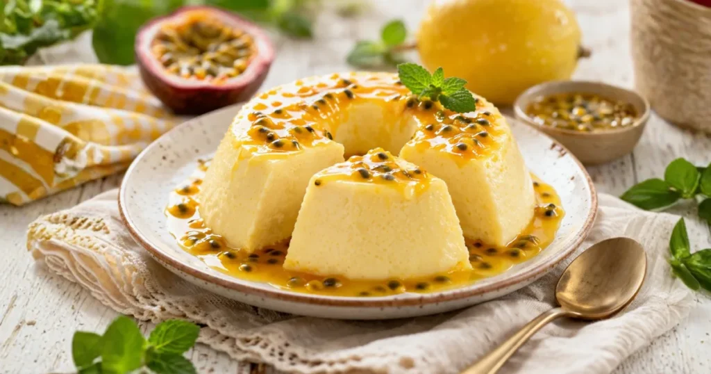 pudim de maracujá madeirense cremoso servido em prato rústico com calda de maracujá natural e sementes, sobremesa fácil e sem forno com textura suave e brilhante