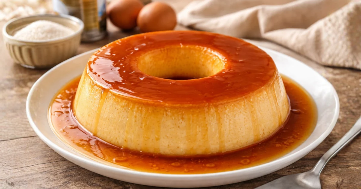 Pudim simples de leite condensado com calda de caramelo brilhante servido em prato branco, sobremesa cremosa caseira fácil que não dá errado.