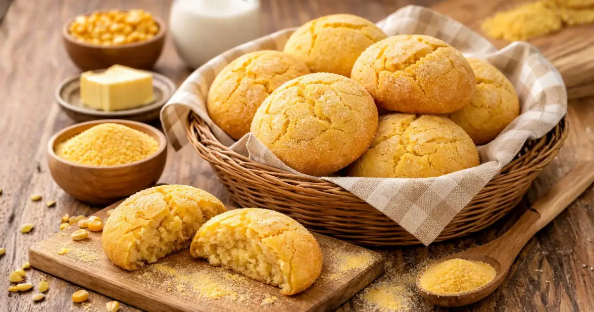 Broa de fubá simples recém-assada em cesta rústica, com textura dourada e interior macio, acompanhada de ingredientes caseiros sobre mesa de madeira, representando uma receita de broa de fubá simples deliciosa e fácil de fazer