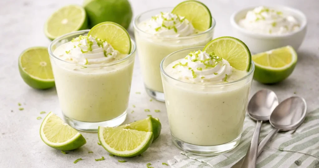 Mousse de limão simples servido em copinhos de vidro, com textura cremosa, decorado com raspas e fatias de limão fresco, ideal para quem busca uma receita de mousse de limão simples rápida e fácil