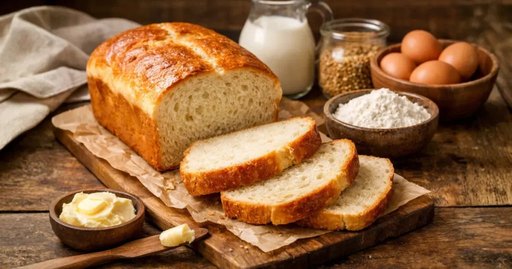 Pão caseiro simples recém-assado com crosta dourada e fatias macias sobre tábua rústica, acompanhado de manteiga e ingredientes ao fundo, representando uma receita pão caseiro simples fácil e caseira.