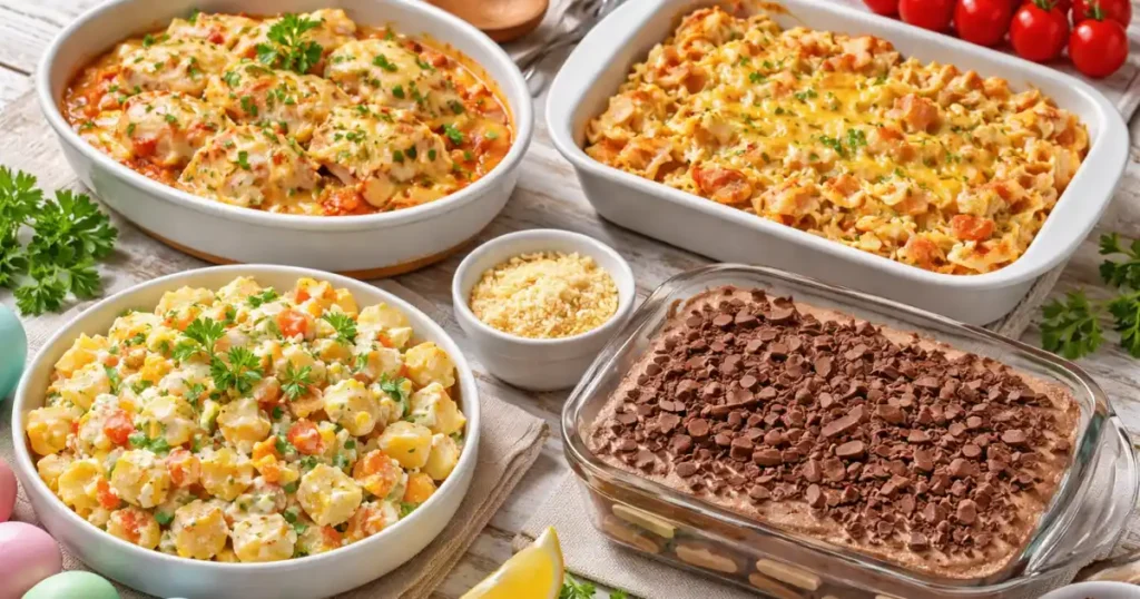 Receitas de Páscoa com peixe cremoso gratinado, macarrão de forno com frango, salada de batata e sobremesa de chocolate em mesa decorada, pratos simples e caseiros para almoço especial em família
