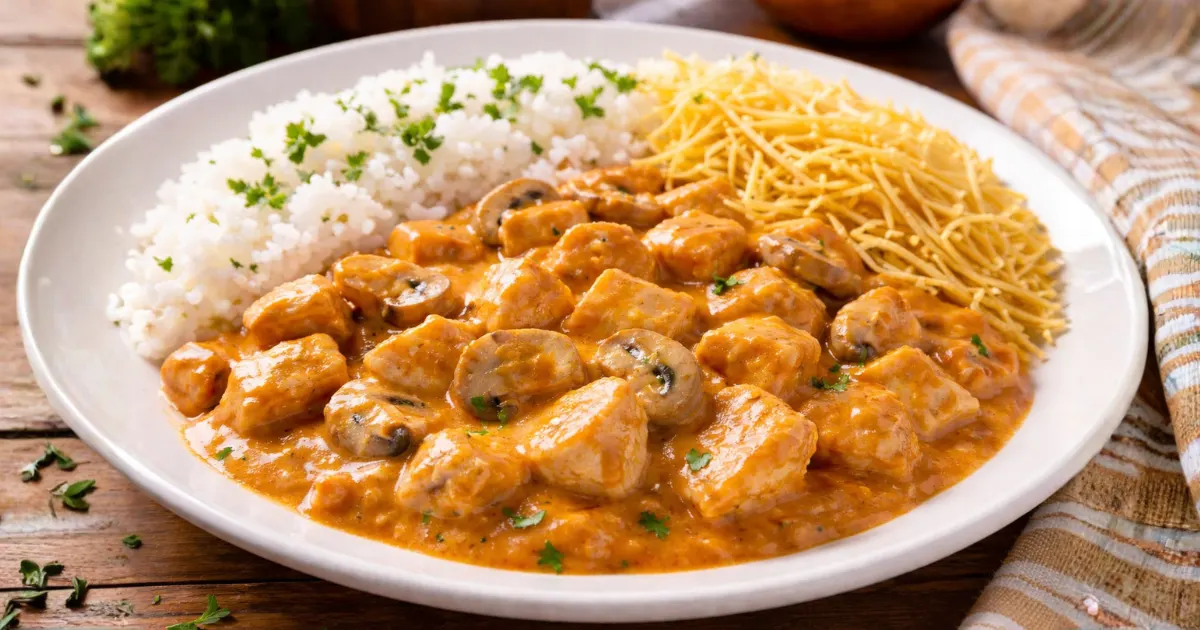 Prato de strogonoff de frango simples com molho cremoso e pedaços de frango, servido com arroz branco soltinho, champignon e batata palha fininha crocante.