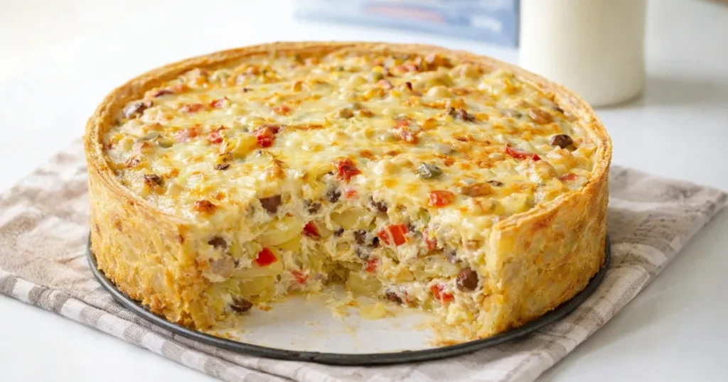 Torta cremosa de bacalhau com batata gratinada em forma redonda, com camadas visíveis de batata, bacalhau desfiado, legumes e cobertura dourada de queijo gratinado, com textura cremosa e caseira.