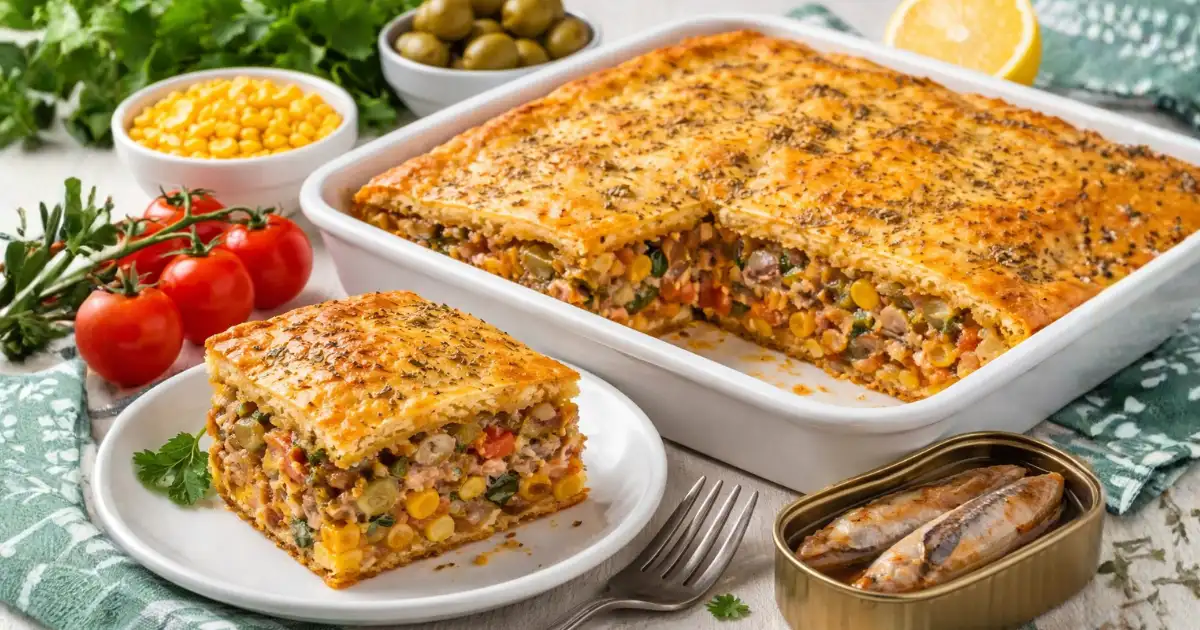 Torta simples de sardinha assada em travessa, com massa dourada e recheio cremoso de sardinha, milho, tomate e ervas, servida em fatia pronta para consumo.