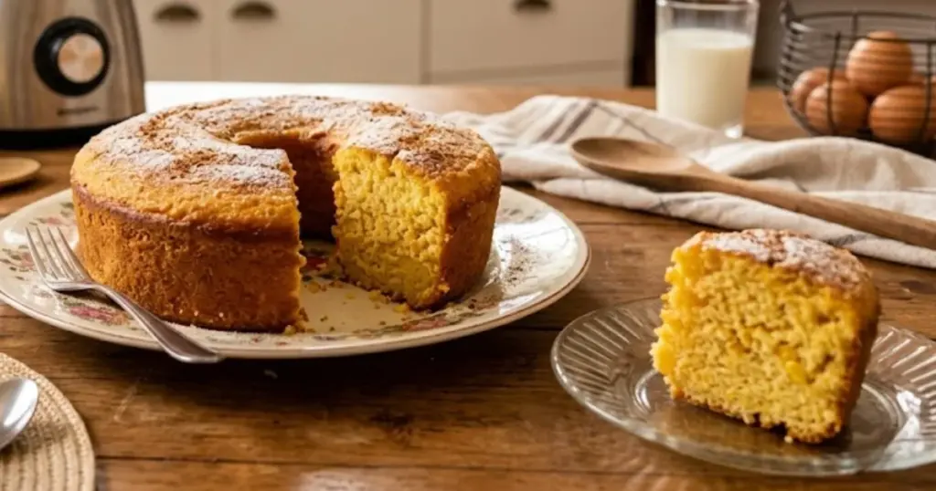 Bolo de milho de liquidificador caseiro servido em um prato sobre mesa de madeira rústica, acompanhado de uma fatia, xícara de café e o liquidificador ao fundo.