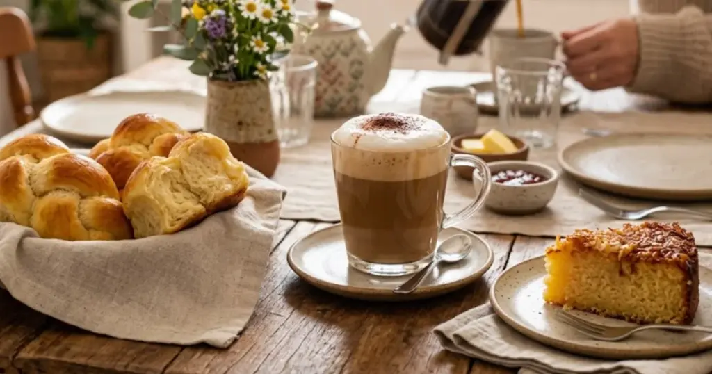 Mesa de café da manhã de domingo com bolo de queijadinha, cappuccino caseiro cremoso e bisnagas de liquidificador em ambiente aconchegante.