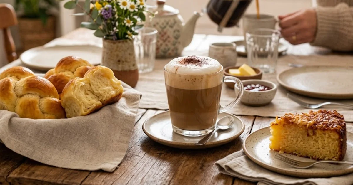 Mesa de café da manhã de domingo com bolo de queijadinha, cappuccino caseiro cremoso e bisnagas de liquidificador em ambiente aconchegante.