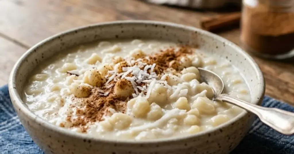 Tigela de canjica cremosa com leite de coco servida em mesa de madeira rústica, finalizada com polvilhado de canela e coco ralado.