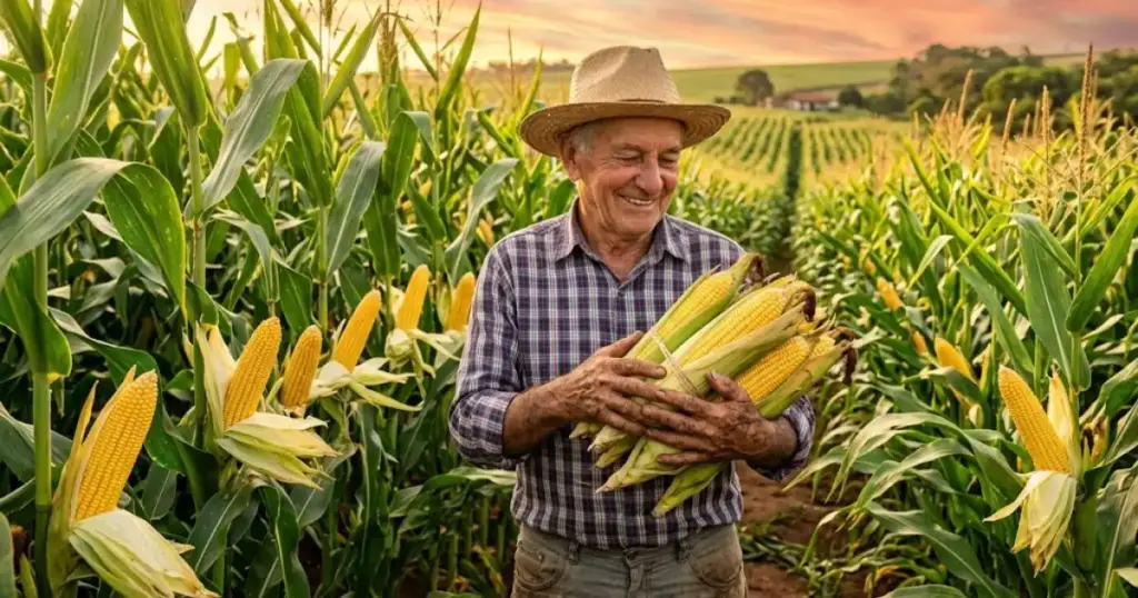 Agricultor sorridente segurando espigas de milho colhidas em uma plantação durante o pôr do sol, representando o Dia Internacional do Milho.