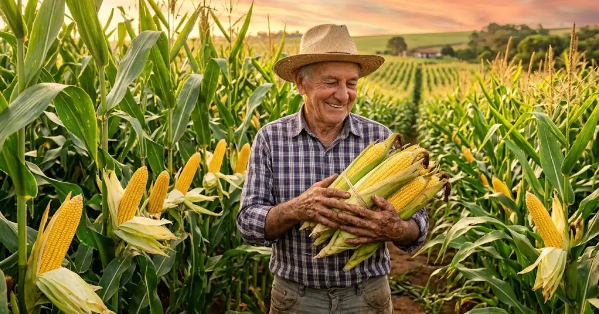 Agricultor sorridente segurando espigas de milho colhidas em uma plantação durante o pôr do sol, representando o Dia Internacional do Milho.